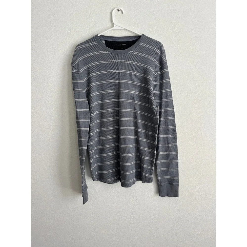 Banana Republic Crew Neck Sweater Mens‎ Large Gray Striped Standard Fit Winter
